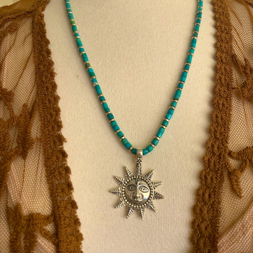 Sleeping beauty turquoise beads  sterling silver beads, latch and SUN Medallion